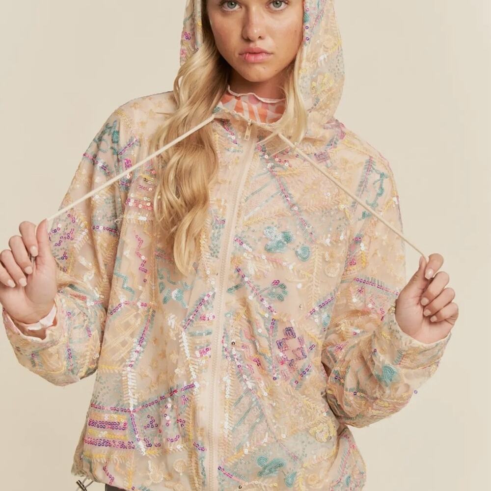 DAVI & DANI Multicolor Embroidered Mesh Zip Up Bomber Jacket